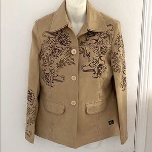 PRIKNIT Faux Suede long sleeved Embroidered Tan button down Jacket Size Large